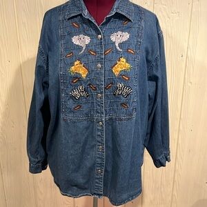 SARA STUDIO DENIM SHIRT Applique Animals long sleeve cotton Size 1X.